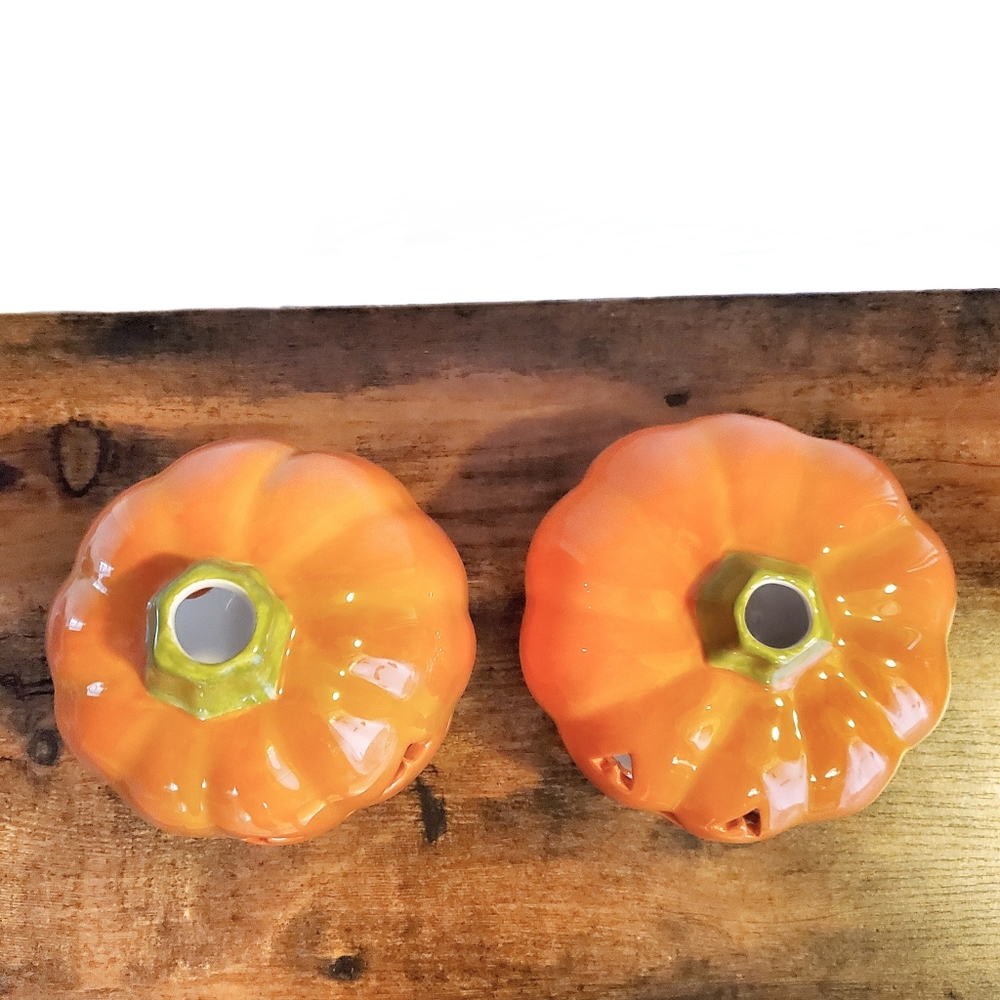 Halloween Pumpkin Ceramic Holiday Candle Holders Set Of 2 - Picture 2 of 9
